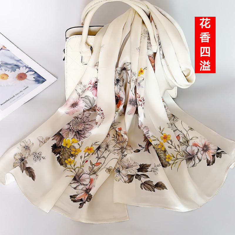 100% Mulberry Silk Scarf - Premium Floral Crepe Satin Long Wrap for Women