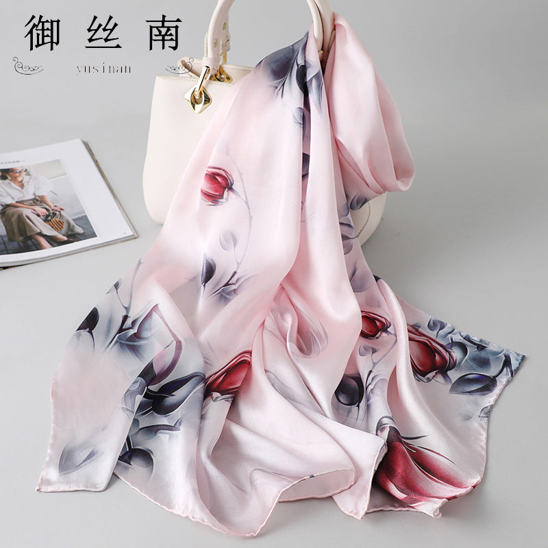 100% Mulberry Silk Scarf - Premium Floral Crepe Satin Long Wrap for Women