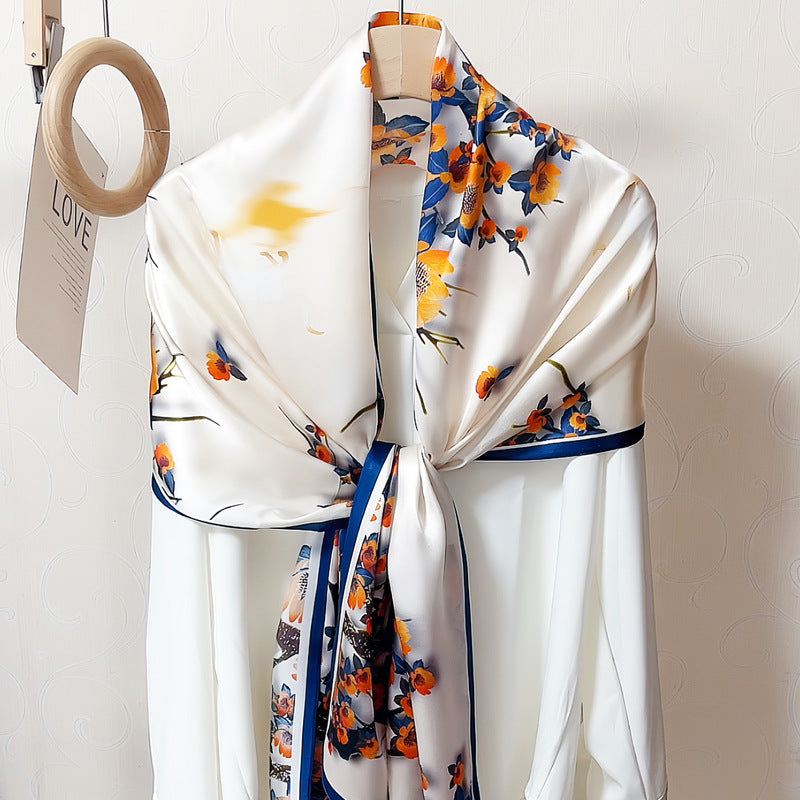 100% Mulberry Silk Scarf - Premium Floral Crepe Satin Long Wrap for Women