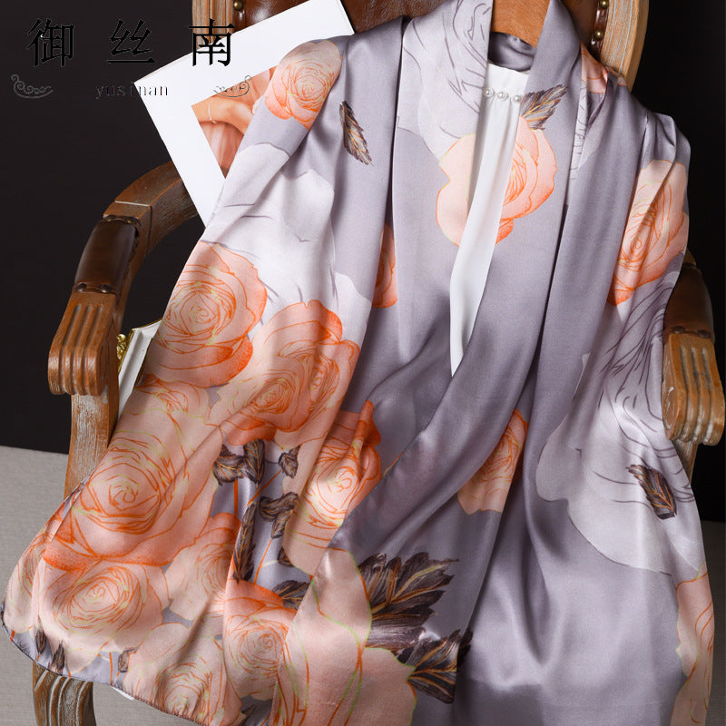 100% Mulberry Silk Scarf - Premium Floral Crepe Satin Long Wrap for Women