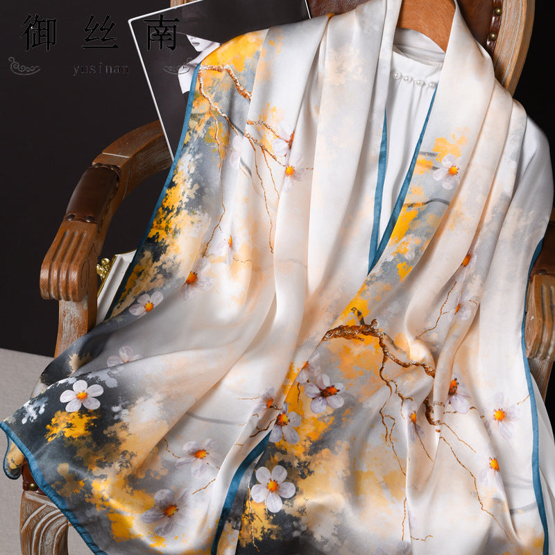100% Mulberry Silk Scarf - Premium Floral Crepe Satin Long Wrap for Women