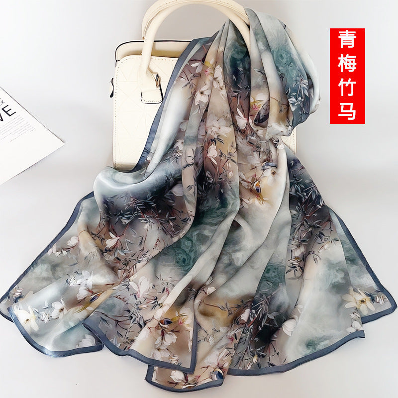 100% Mulberry Silk Scarf - Premium Floral Crepe Satin Long Wrap for Women
