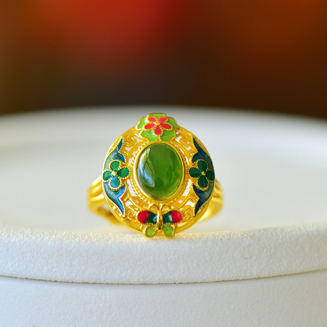 S925 Sterling Silver Enamel Nephrite Green Jade Butterfly & Flower Ring
