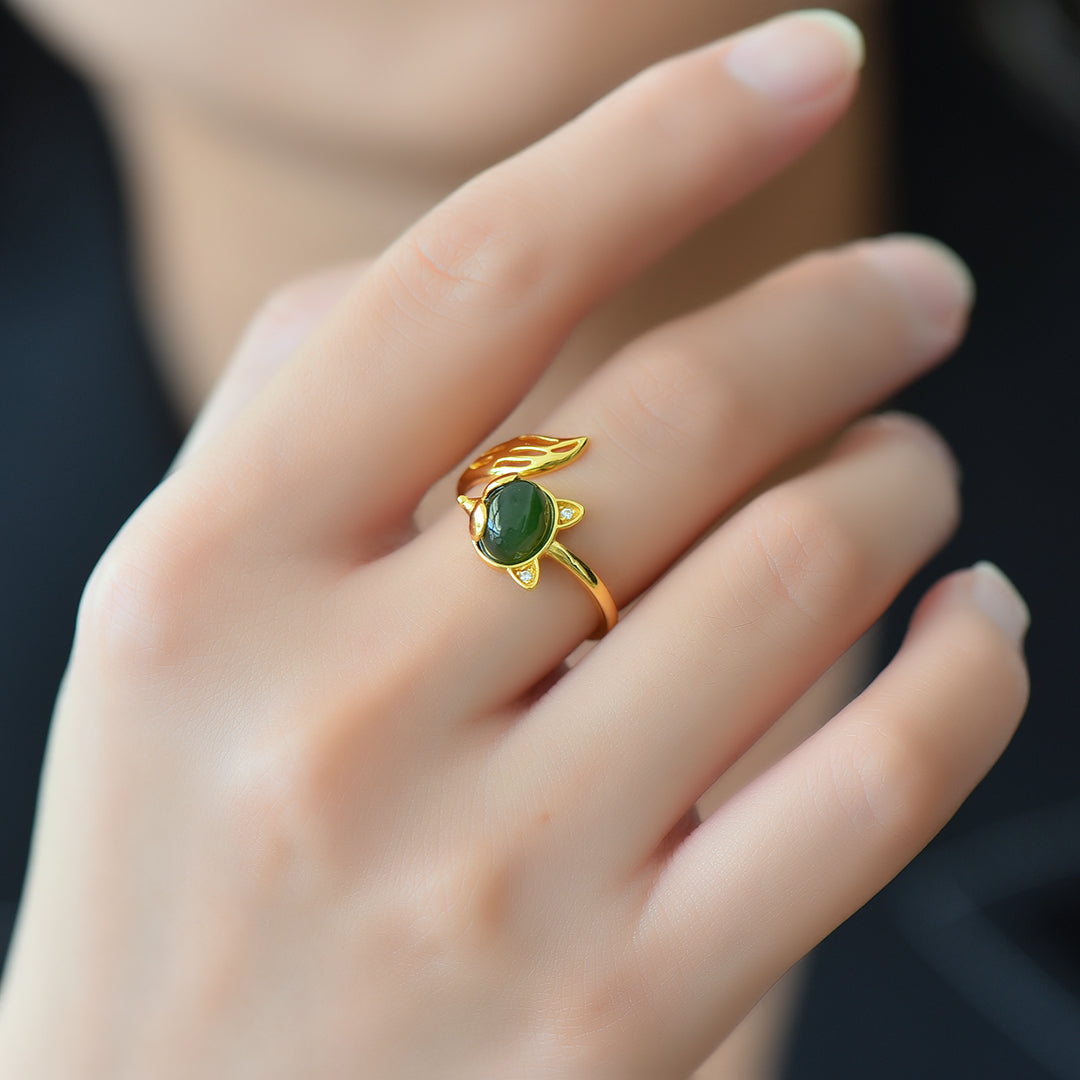 S925 Sterling Silver Nephrite Green Jade Fox Ring - Unique Luck Jewelry