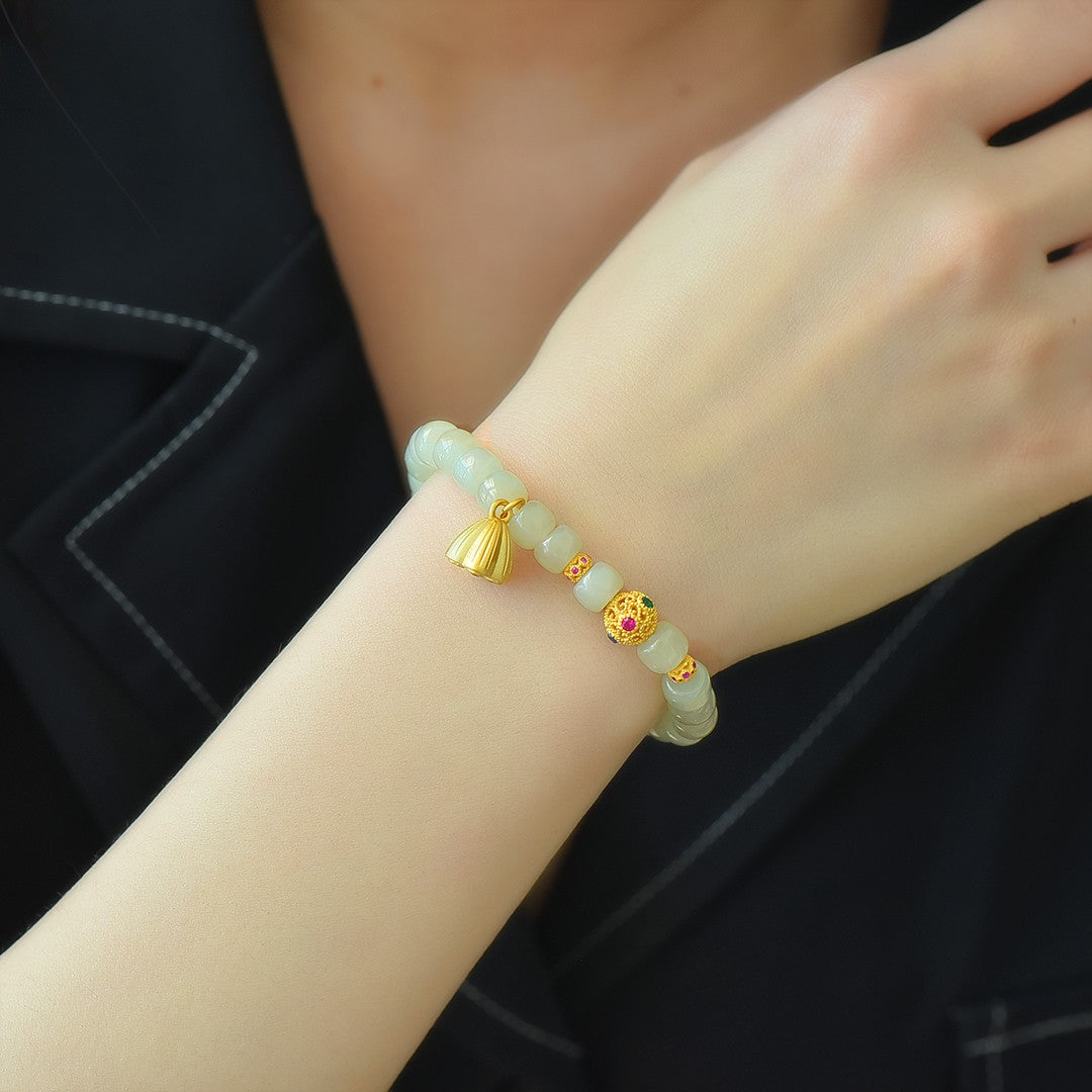 S925 Sterling Silver Nephrite Jade Bangle - Success Ruyi Abacus Style
