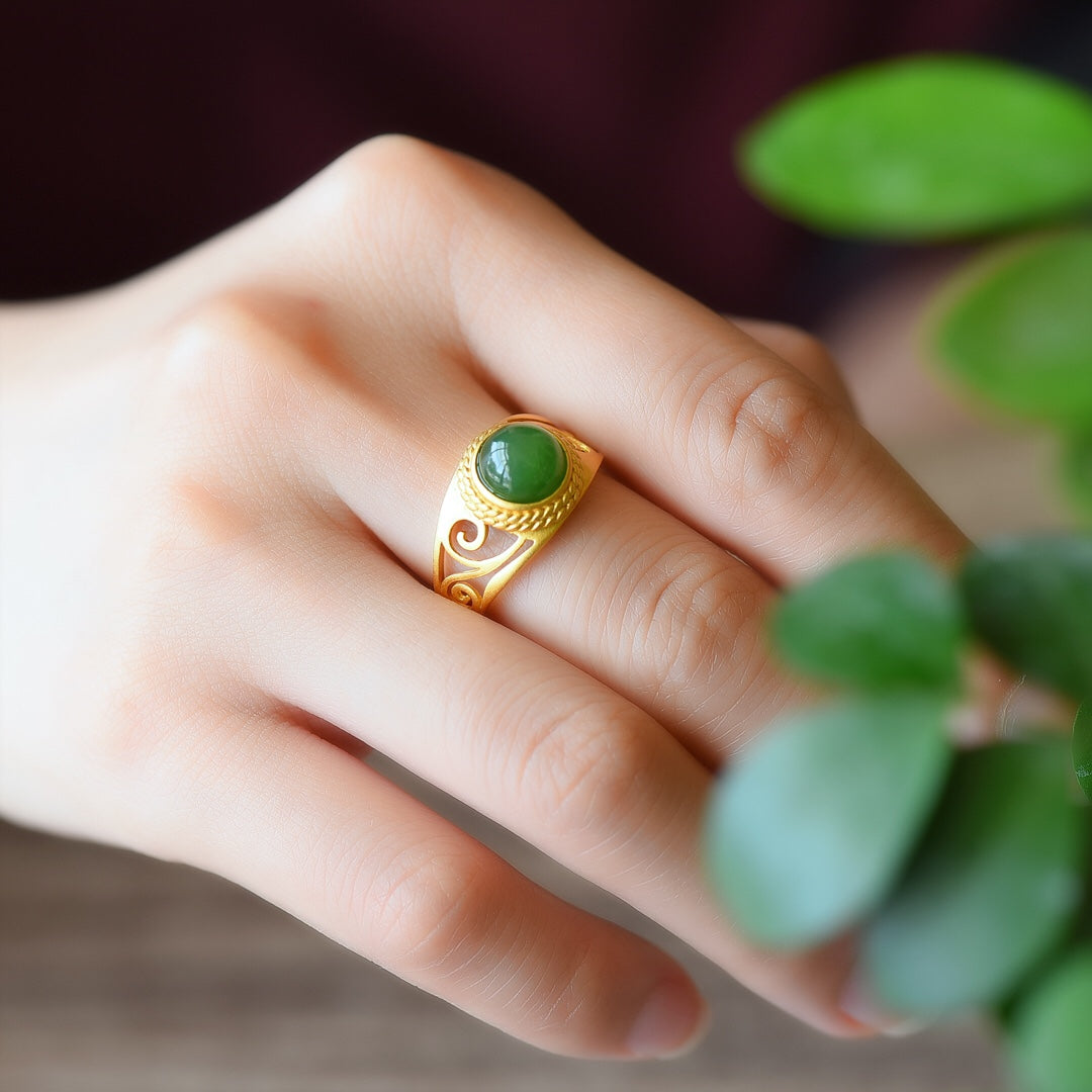 S925 Silver Nephrite Green Jade Frosted Cabochon Ring - Elegant Style