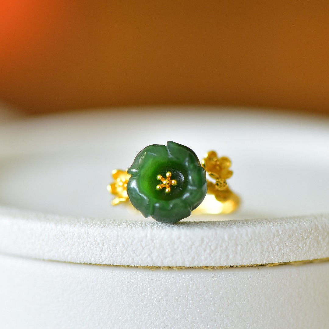 S925 Silver Nephrite Green Jade Lotus Flower Ring - Pure Silver Style
