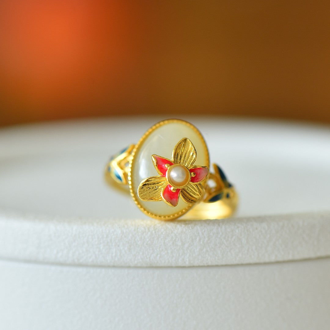 S925 Sterling Silver Enamel Nephrite Jade Butterfly & Flower Ring