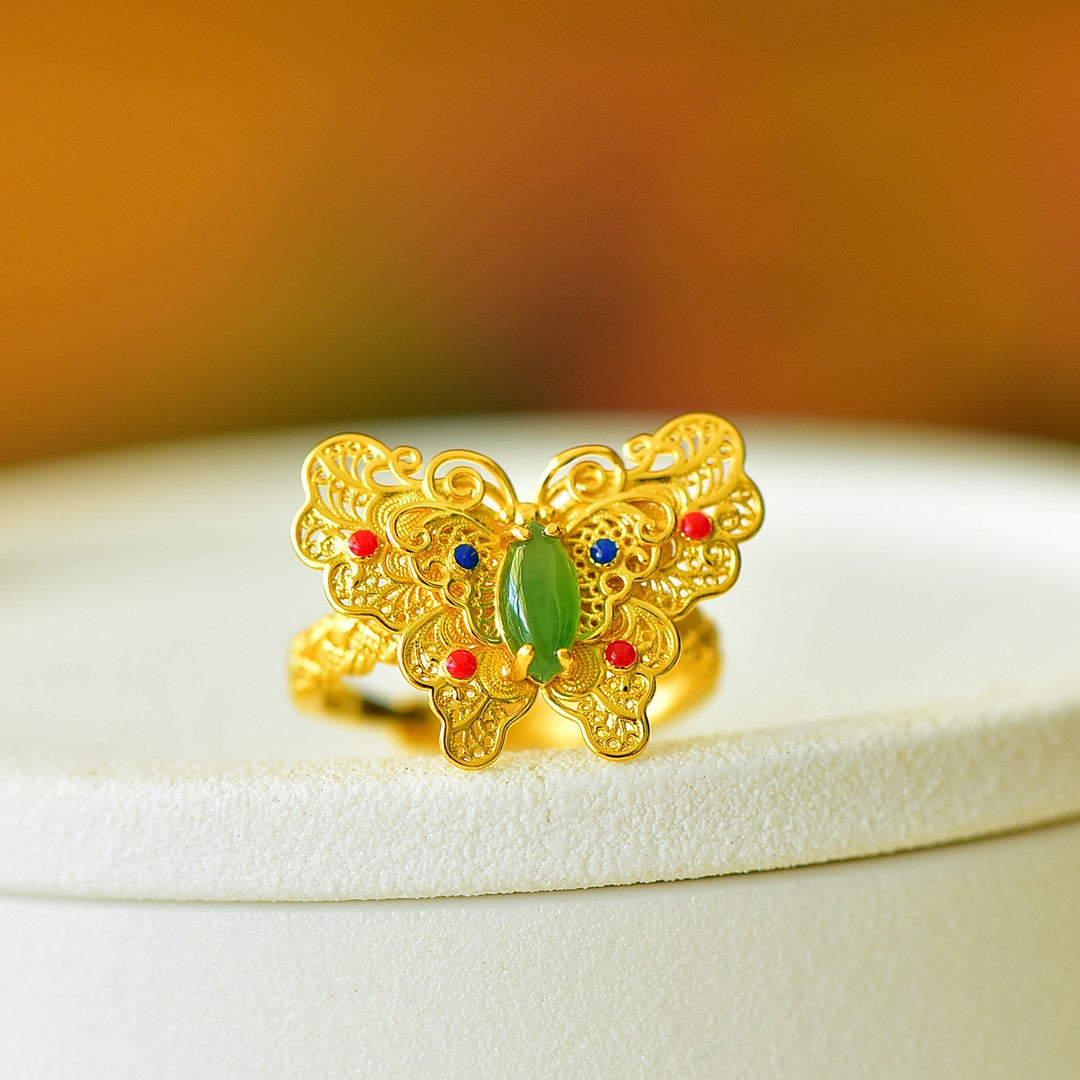 S925 Silver Enamel Nephrite Green Jade Dream Butterfly Ring