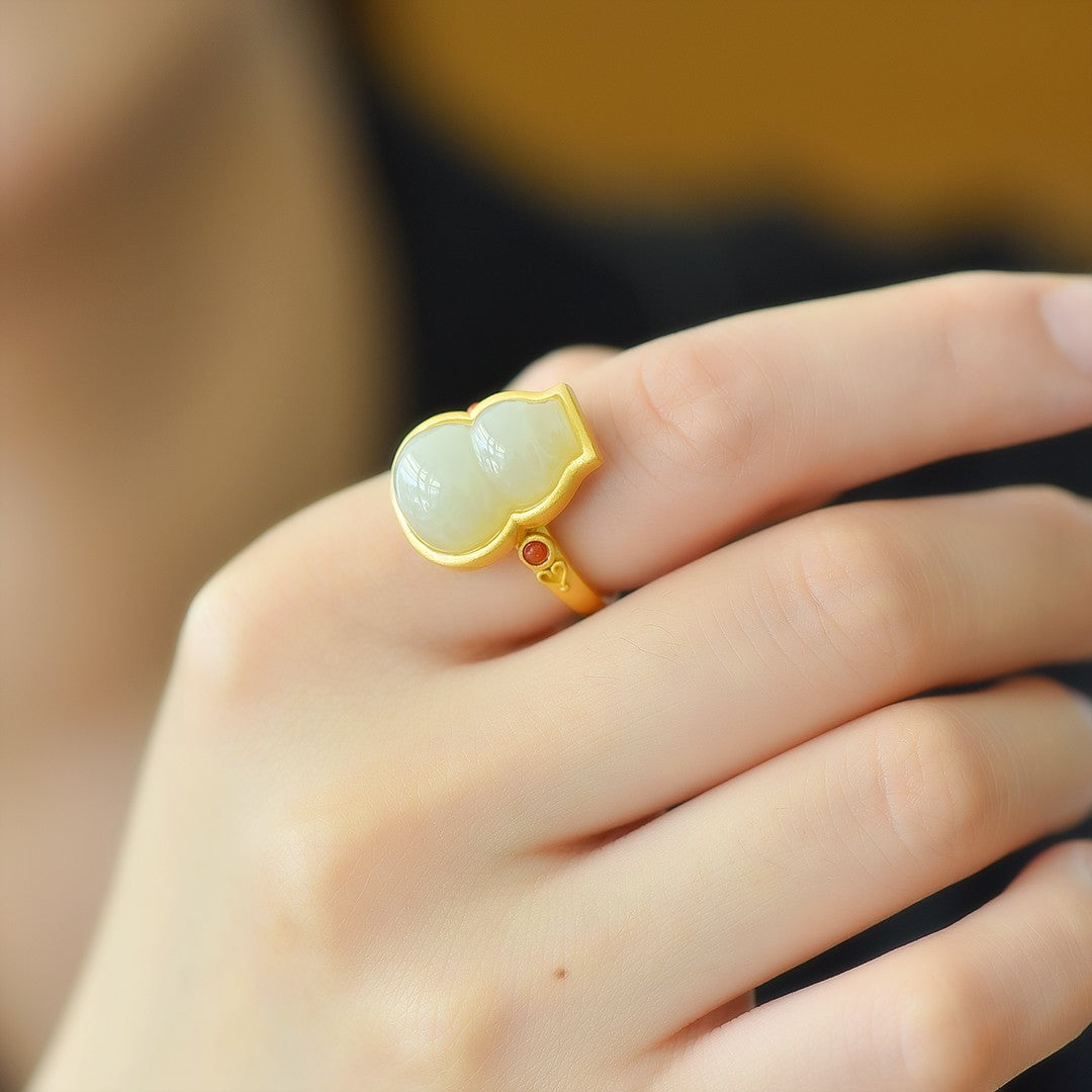 S925 Silver Nephrite White Jade Gourd Hulu Ring - Elegant Simple