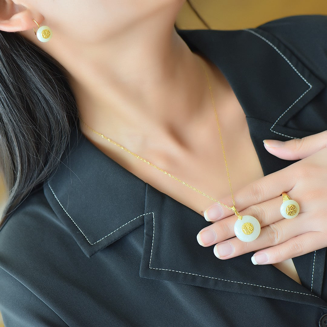S925 Sterling Silver Nephrite Jade Peace Buckle Jewelry Set