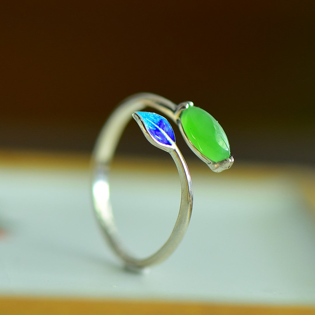 S925 Sterling Silver Enamel Nephrite Green Jade Marquise Ring