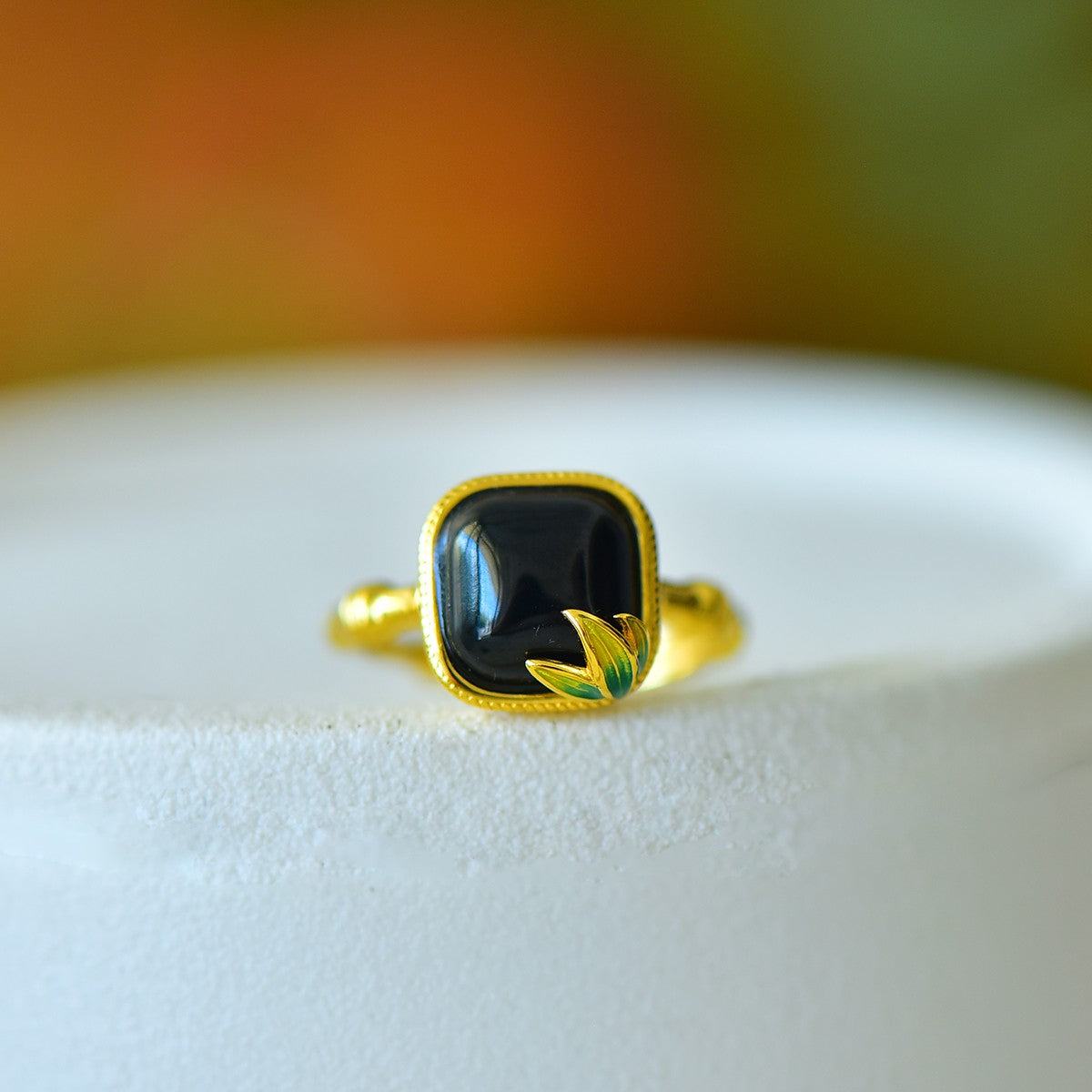 S925 Sterling Silver Nephrite Black Jade Sugar Cube Bamboo Ring