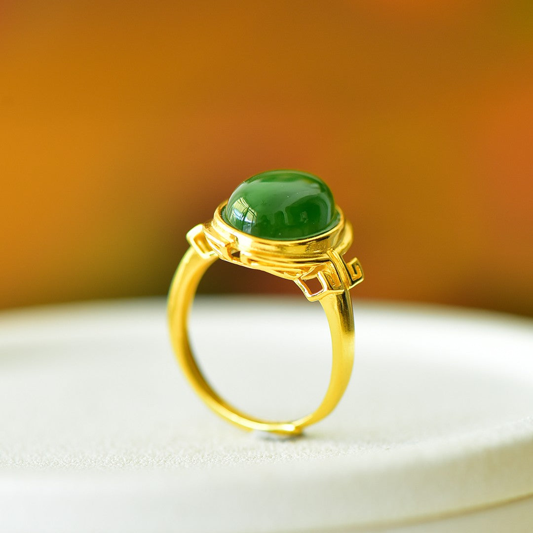 S925 Sterling Silver Nephrite Green Jade Cabochon Ring - Unique Style