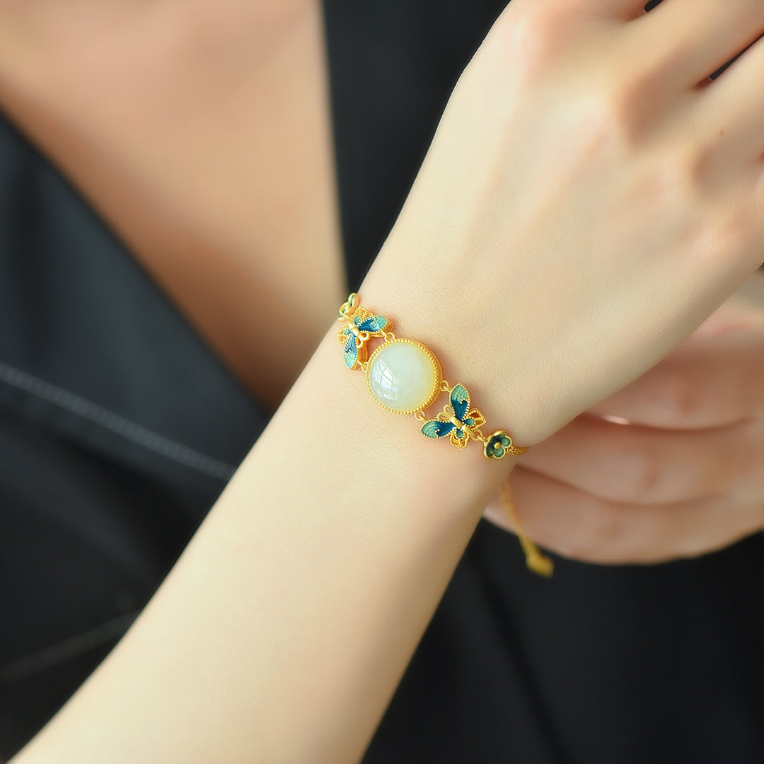 S925 Silver Nephrite Jade Bangle - Butterfly Love Enamel Artisan Style