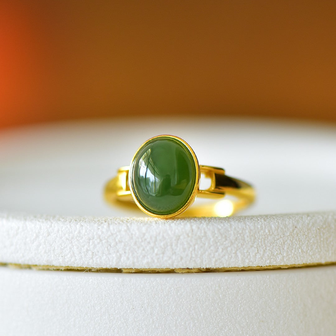 S925 Sterling Silver Nephrite Green Jade Fullness Simple Ring