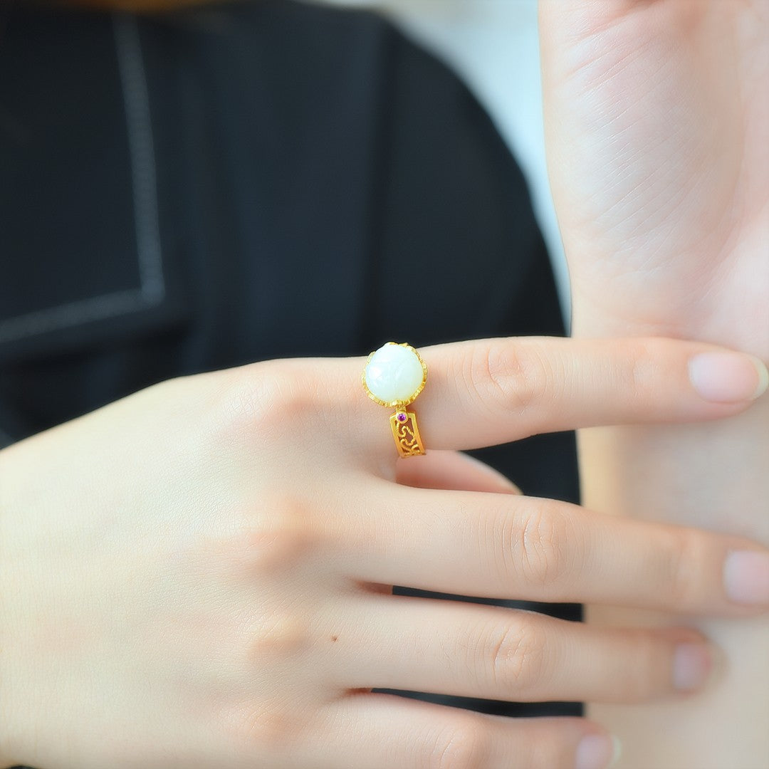 S925 Sterling Silver Nephrite Jade Lotus Bud Ring - Elegant Simple
