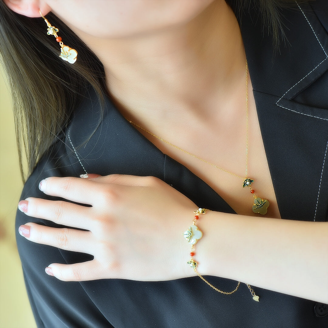 S925 Silver Nephrite Jade Orchid Clover Jewelry Set - Luck Collection