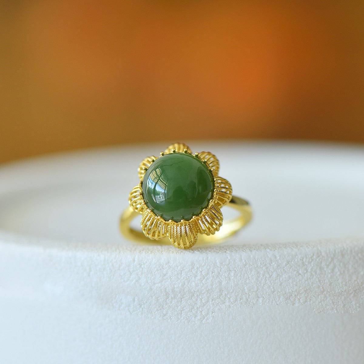 S925 Silver Nephrite Jade Cabochon Hollow-out Ring - Unique Design