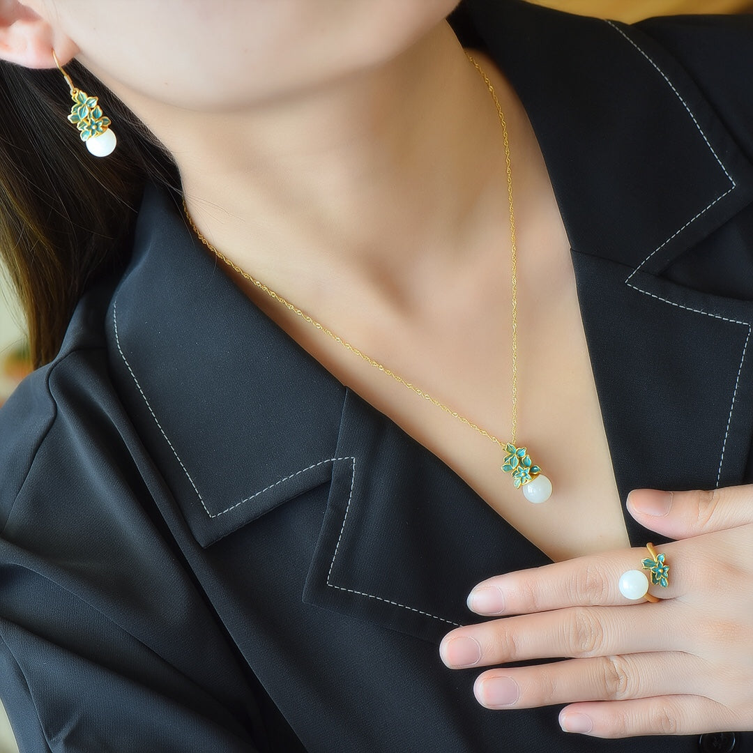 S925 Sterling Silver Nephrite Jade Spring Three-Piece Jewelry Set