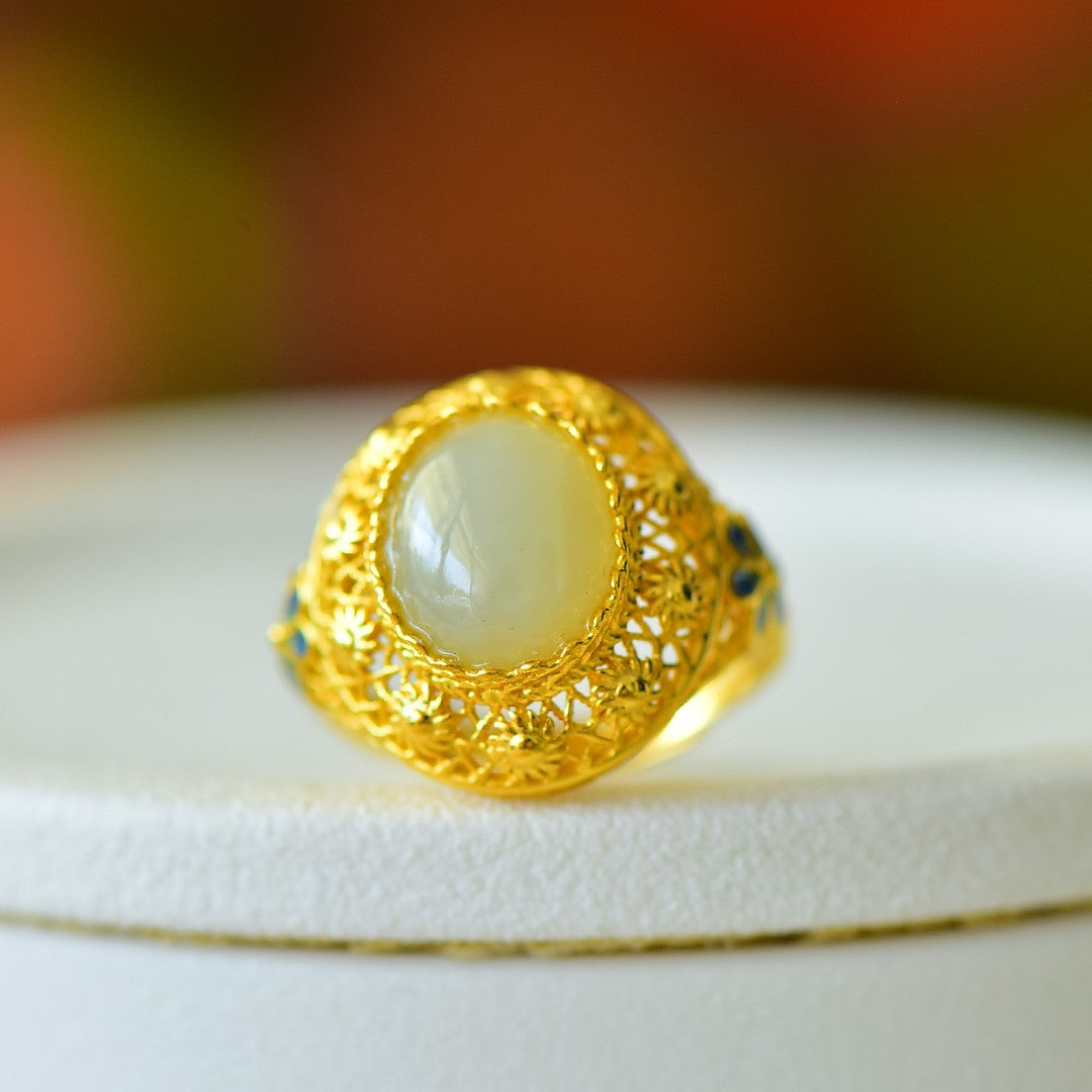 S925 Silver Enamel Nephrite Jade Flower Blossom Ring - Elegant Style