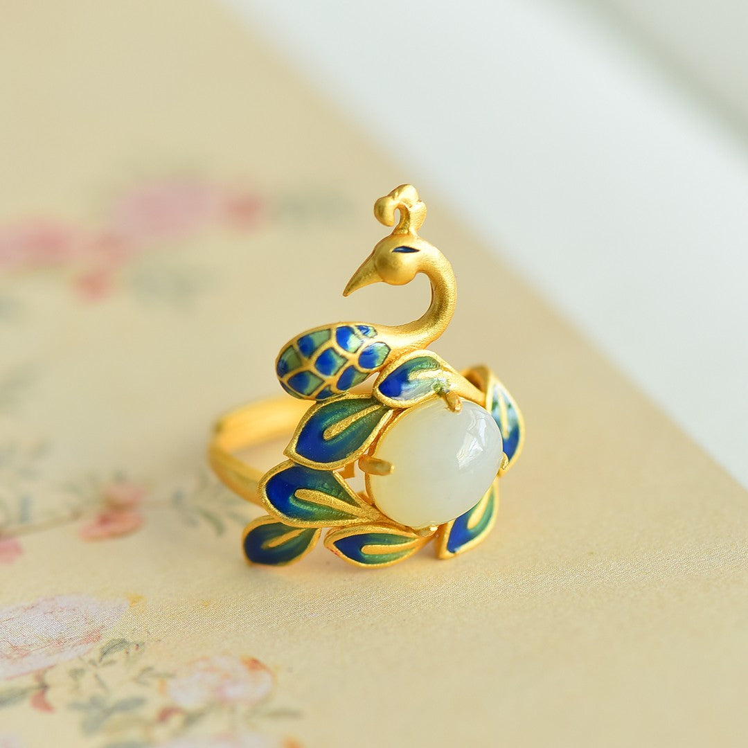 S925 Sterling Silver Nephrite Jade Phoenix Tail Ring - Success & Luck