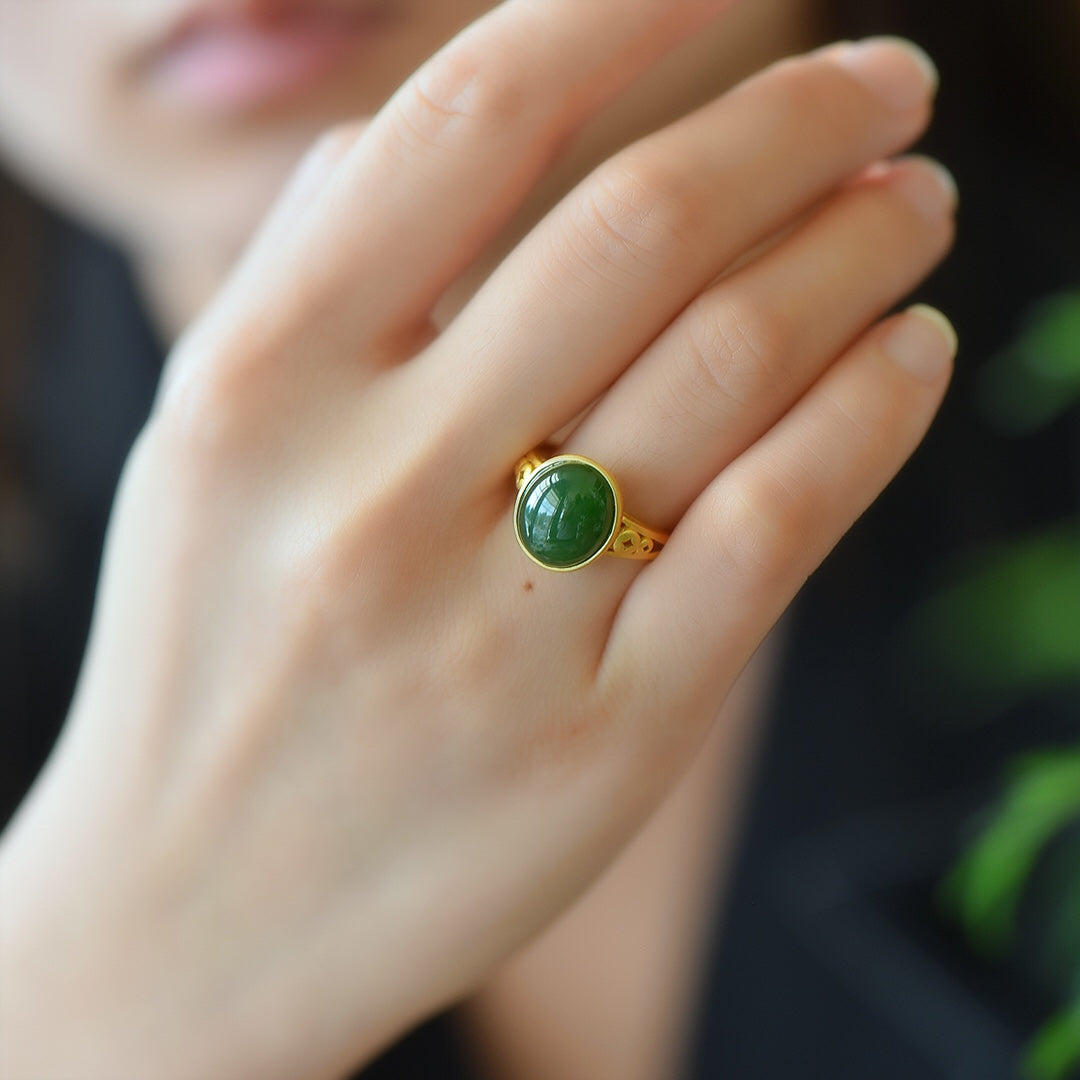 S925 Silver Nephrite Green Jade Cabochon Ring - Artisan Engraved