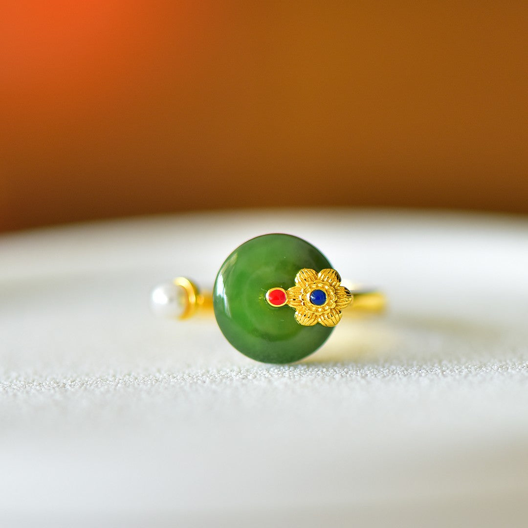 S925 Silver Nephrite Green Jade Peace & Joy Buckle Ring