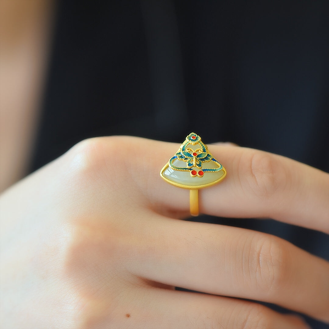S925 Silver Nephrite Jade Fan-Shaped Butterfly Ring - Elegant Style