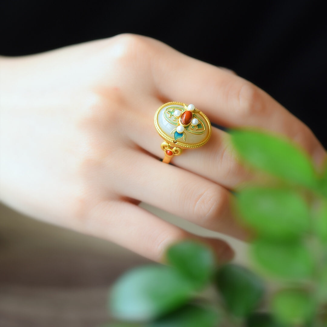 S925 Sterling Silver Enamel Nephrite Jade Cabochon Ring - Elegant Style