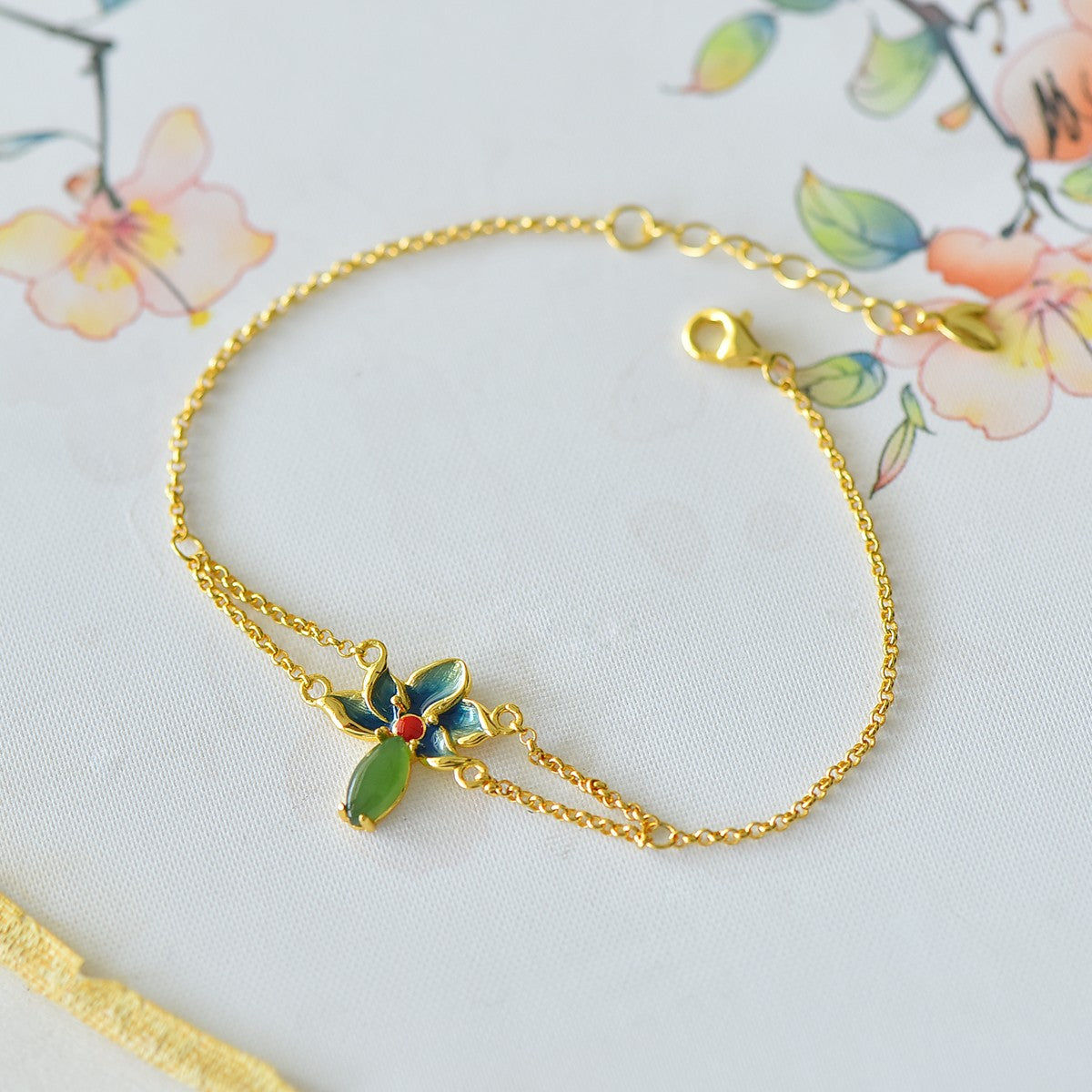 S925 Sterling Silver Nephrite Jade Bangle - Flower Goddess June Lotus