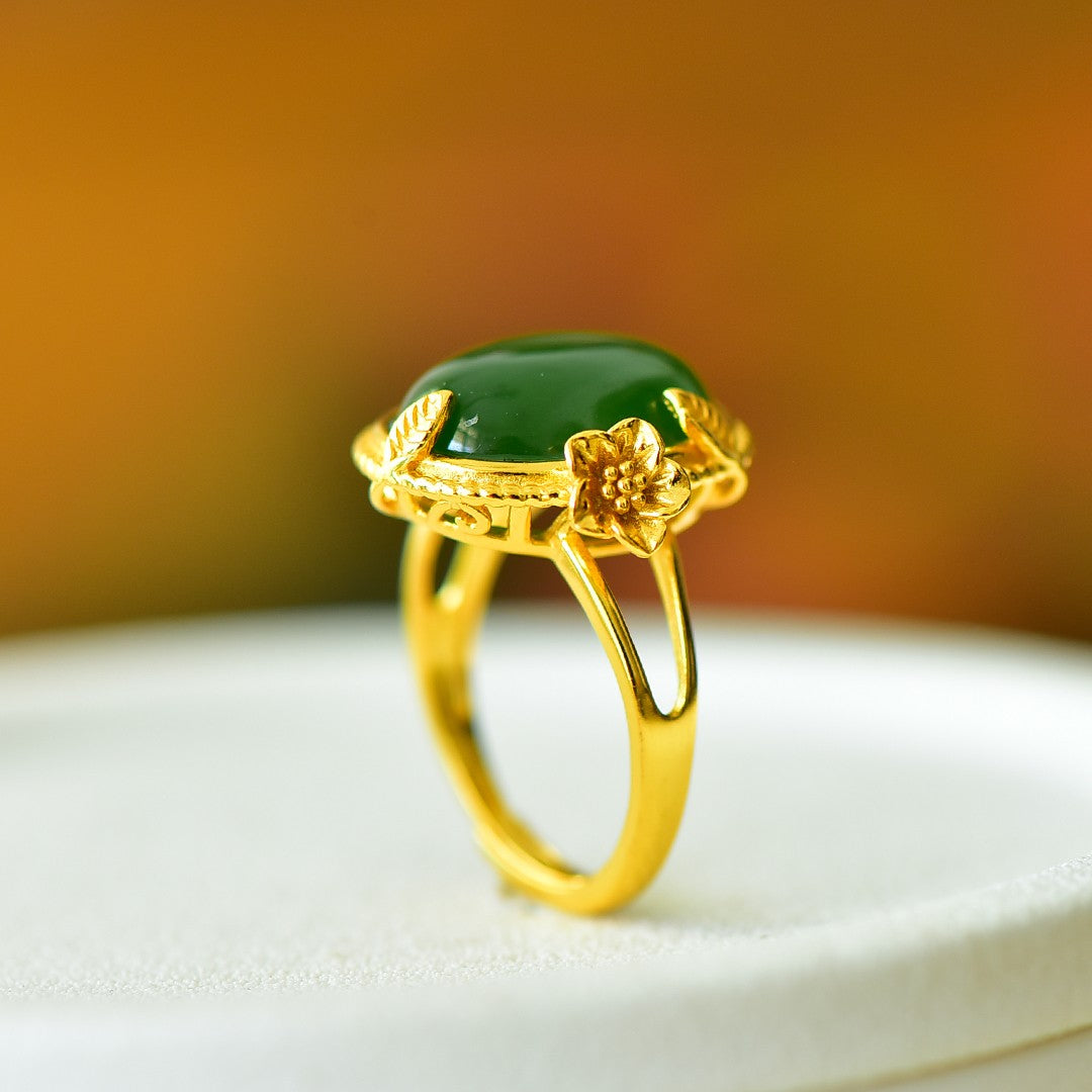 S925 Silver Nephrite Green Jade Prosperity Ring - Success Motif