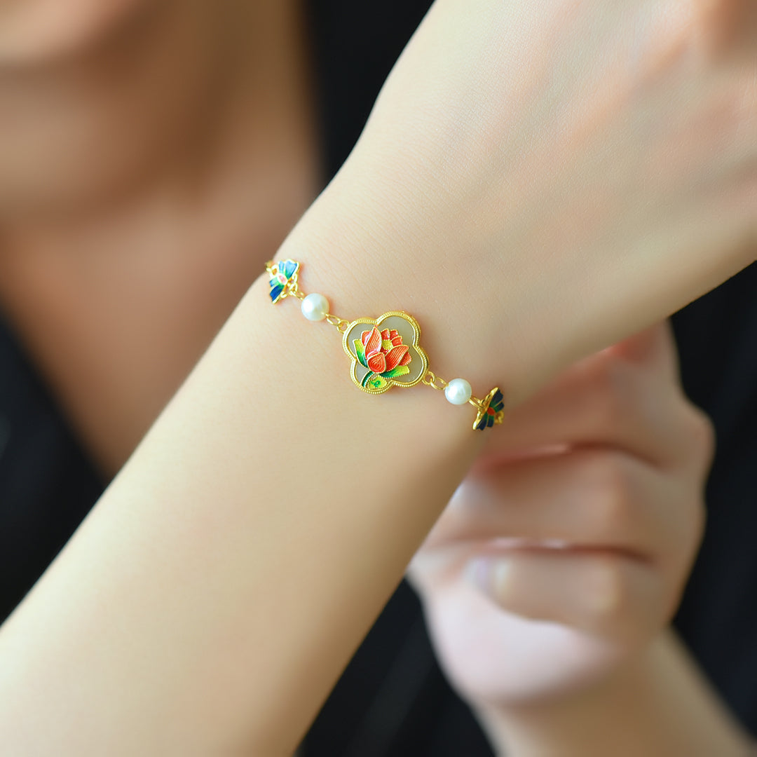 S925 Sterling Silver Enamel Nephrite Jade Bangle - Butterfly & Clover Style