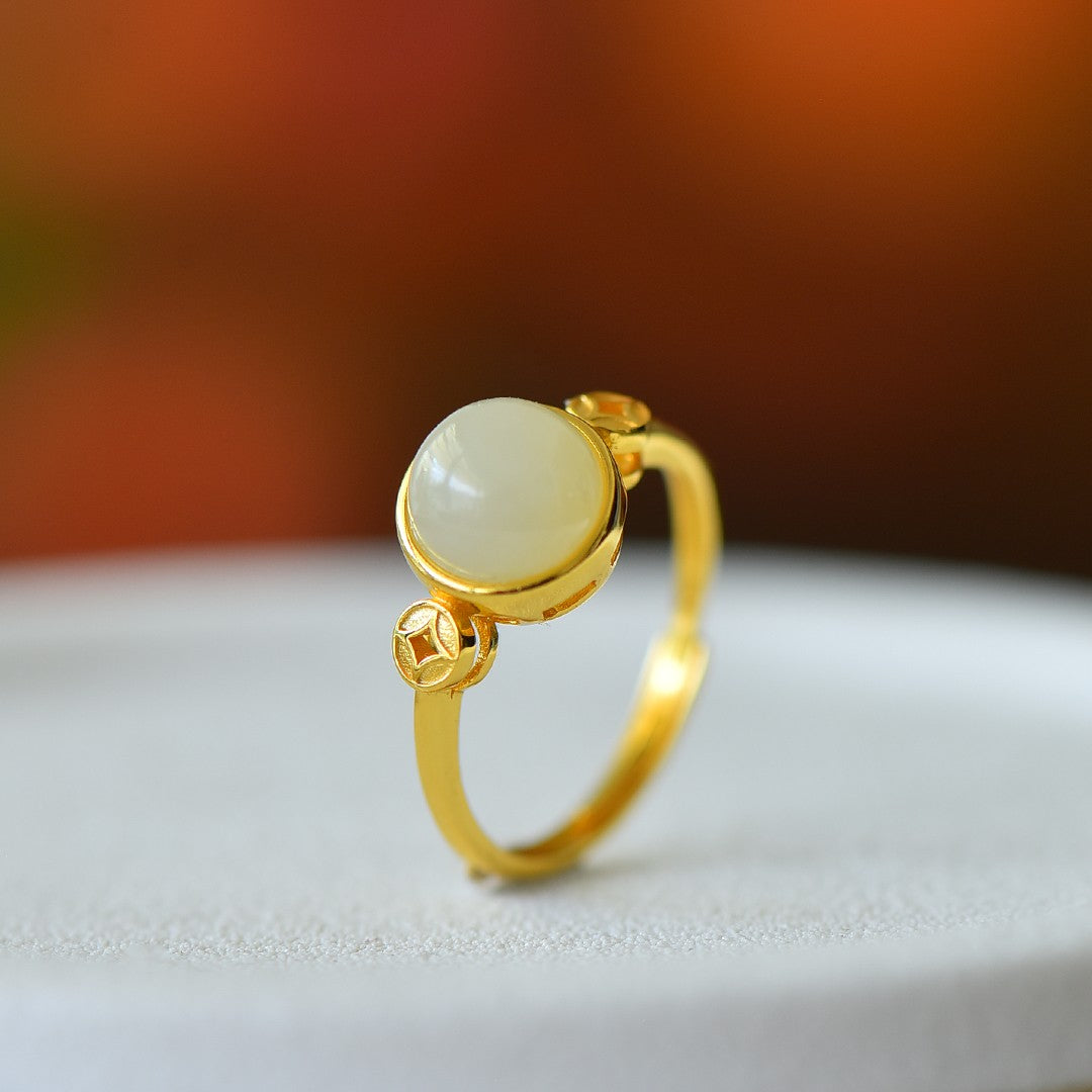 S925 Sterling Silver Nephrite Jade Prosperity Ring - Success Motif