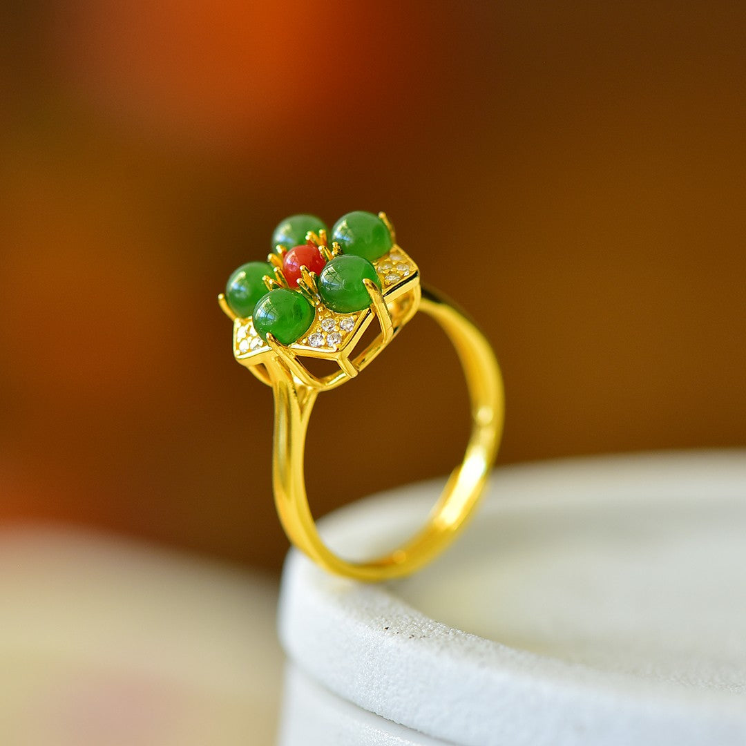 S925 Sterling Silver Nephrite Green Jade Five-Petal Flower Ring