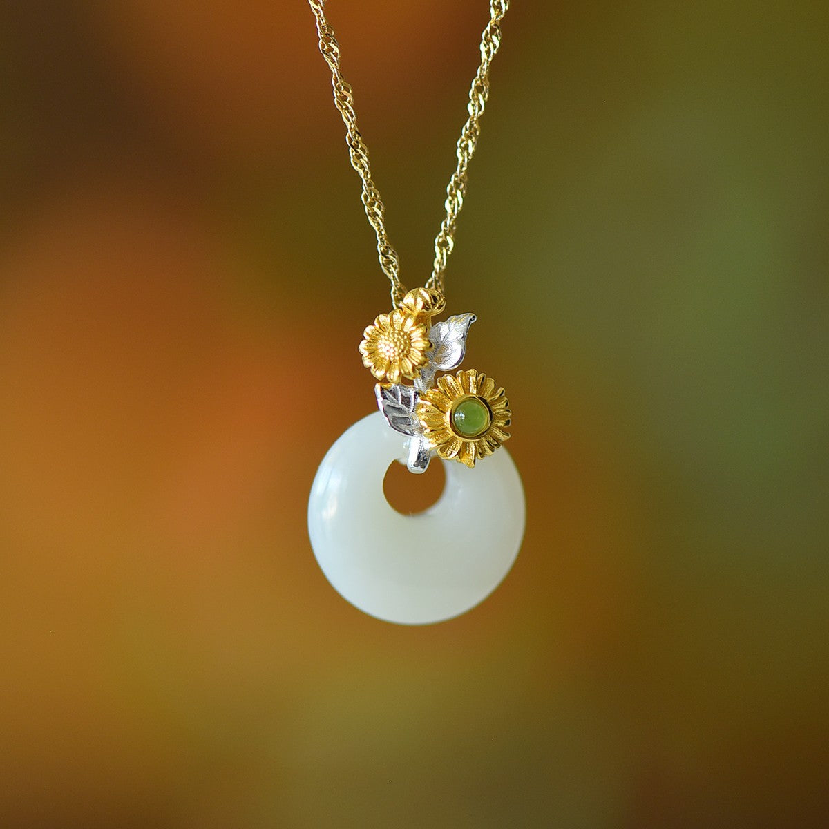 S925 Sterling Silver Nephrite Jade Flower Goddess July Hollyhock Jewelry Set