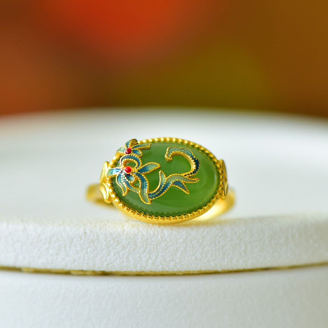 S925 Silver Nephrite Green Jade Orchid Ring - Noble Blossom Design