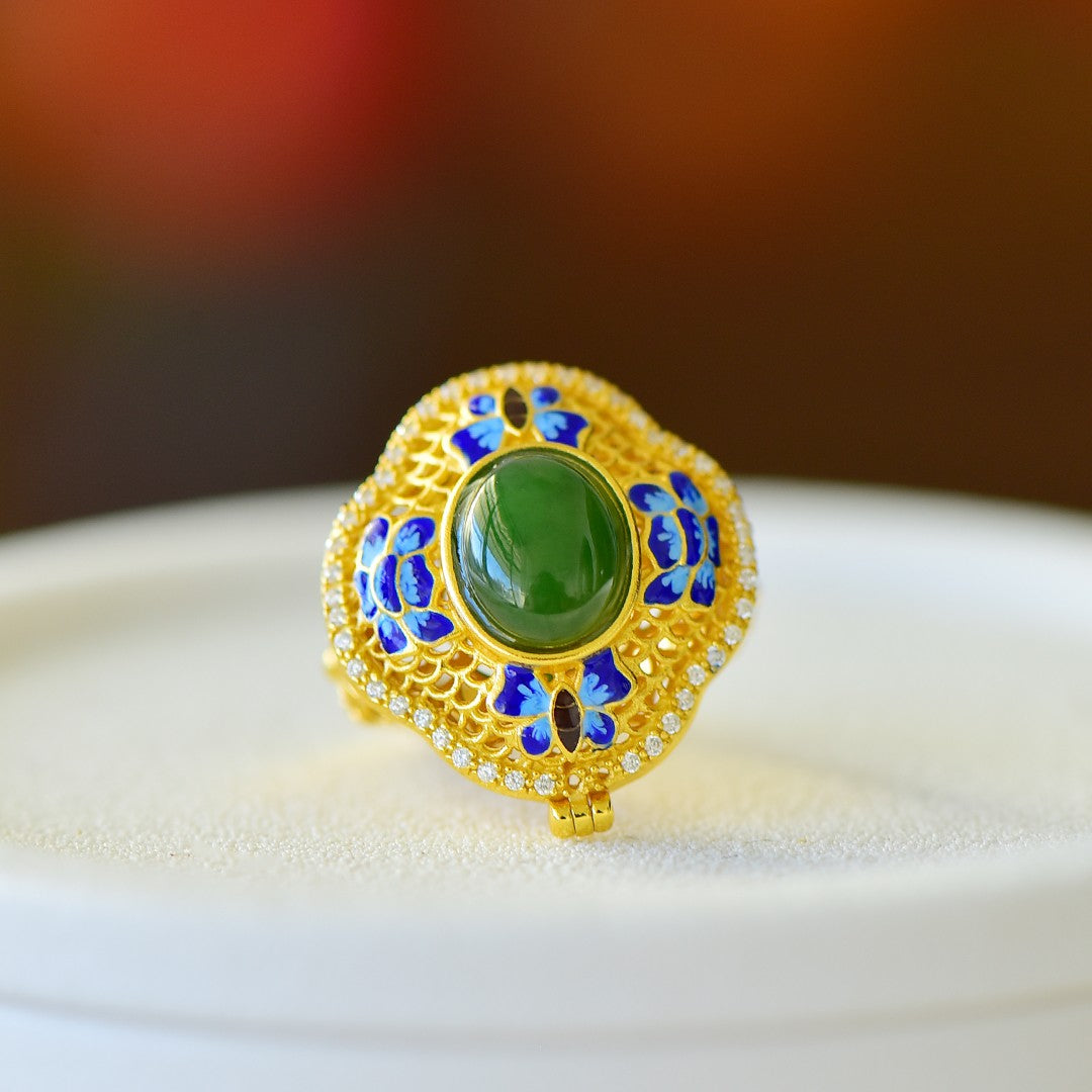 S925 Silver Nephrite Green Jade Butterfly Filigree Hollow-out Ring