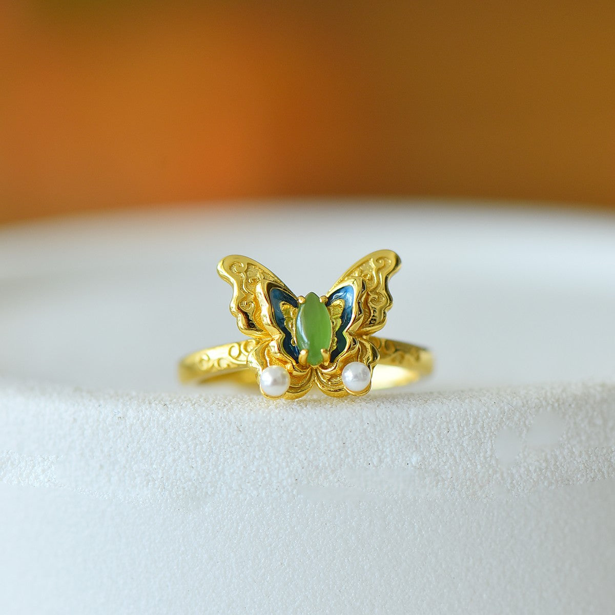 S925 Silver Nephrite Jade Butterfly Ring - Artisan Crafted