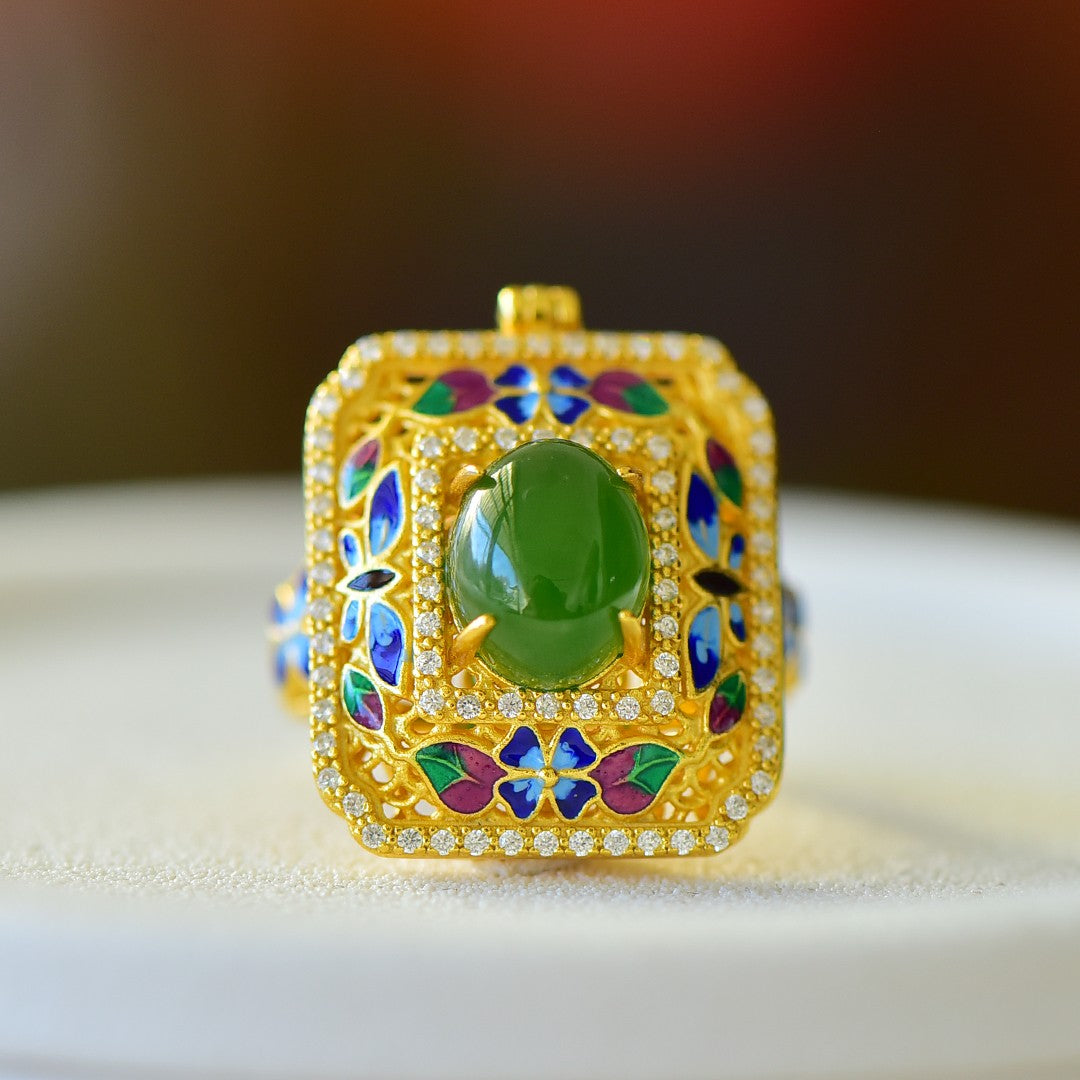 S925 Silver Nephrite Green Jade Filigree Hollow-out Sachet Ring