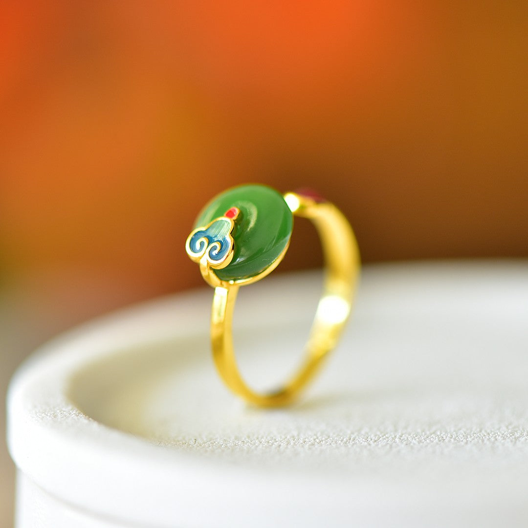 S925 Sterling Silver Nephrite Green Jade Peace & Luck Buckle Ring