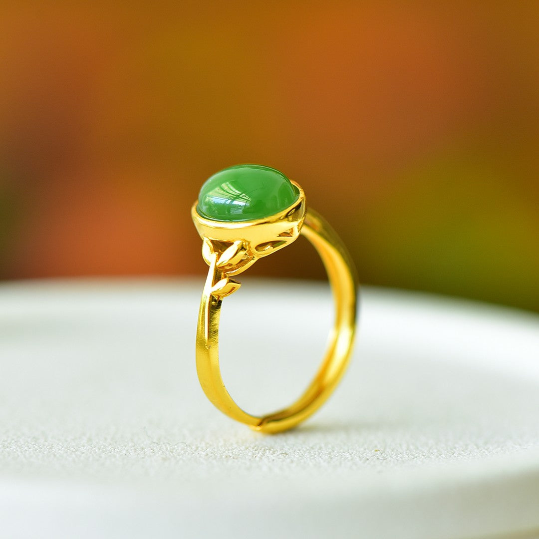 S925 Silver Nephrite Green Jade Success Ring - Elegant Design