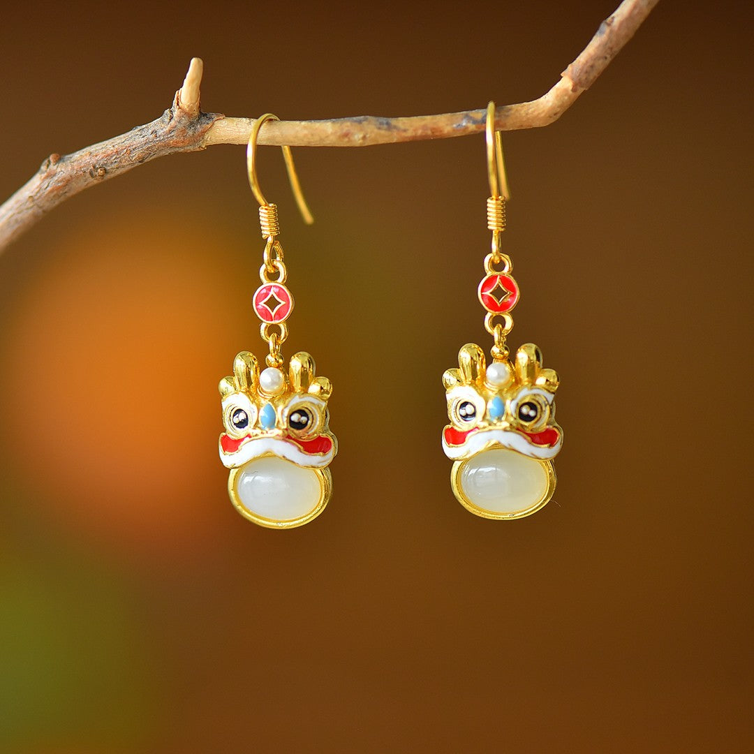 925_Silver_Inlaid_Nephrite_Cute_Dragon_Earrings_Fine_Texture_Pure_Simple_Elegant_With_Certificate_Box