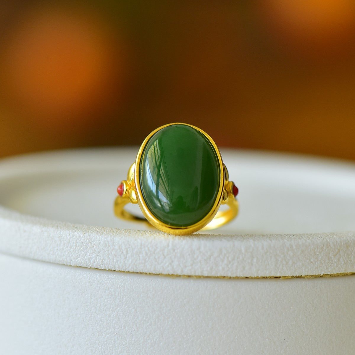 S925 Sterling Silver Nephrite Green Jade Elegant Cabochon Ring