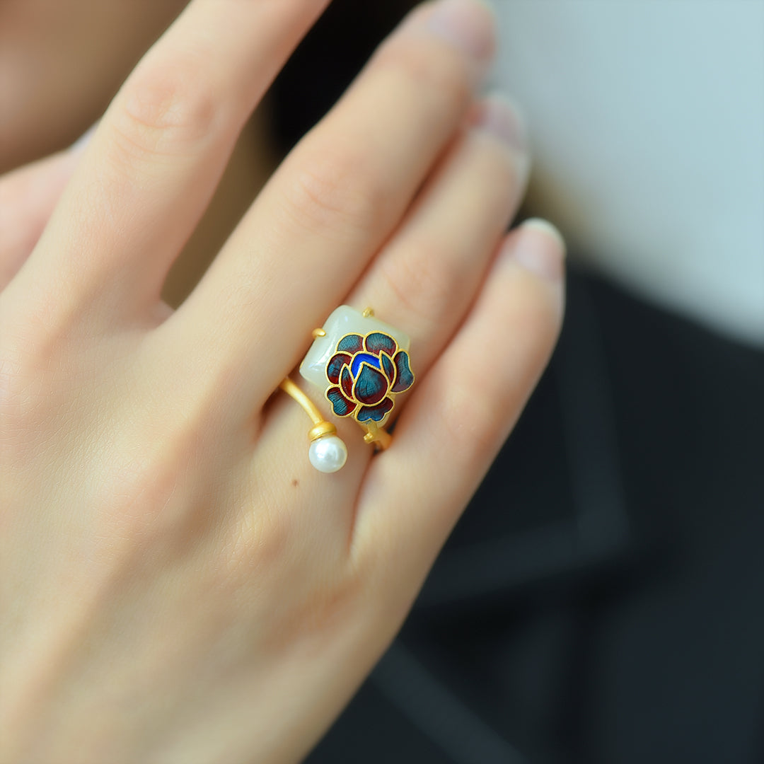 S925 Sterling Silver Enamel Nephrite Jade Peony Flower Ring