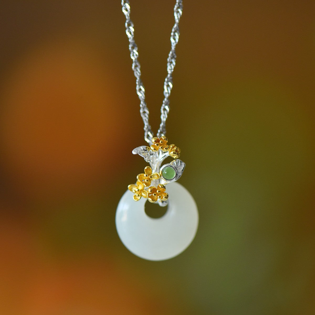 S925 Sterling Silver Nephrite Jade Flower Goddess August Osmanthus Jewelry Set