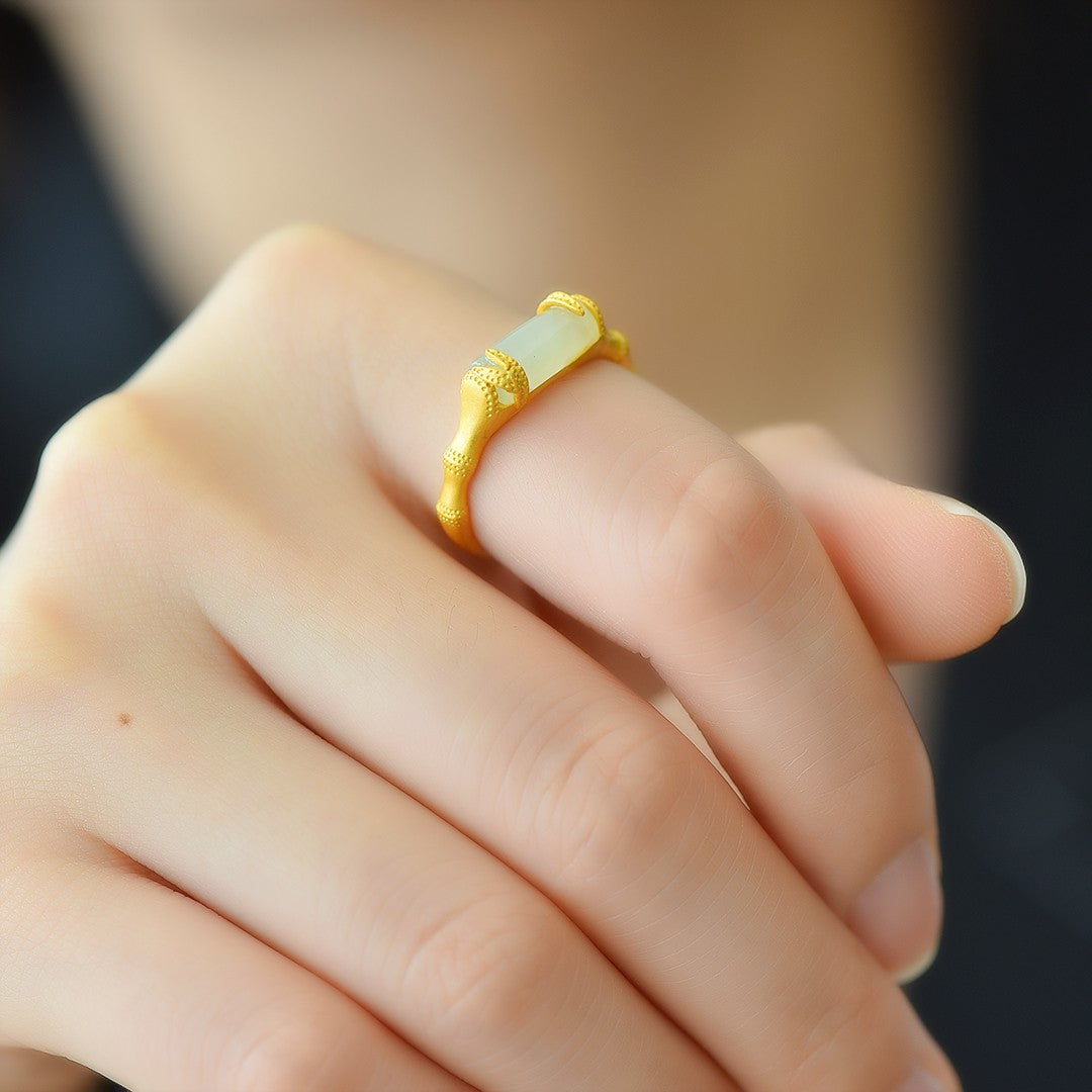 S925 Sterling Silver Nephrite Jade Bamboo Joint Ring