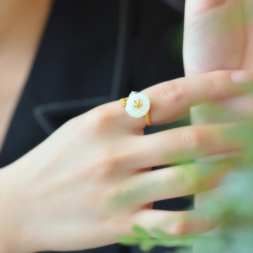 S925 Silver Ancient Method Nephrite Jade Lotus Ring - Elegant Style