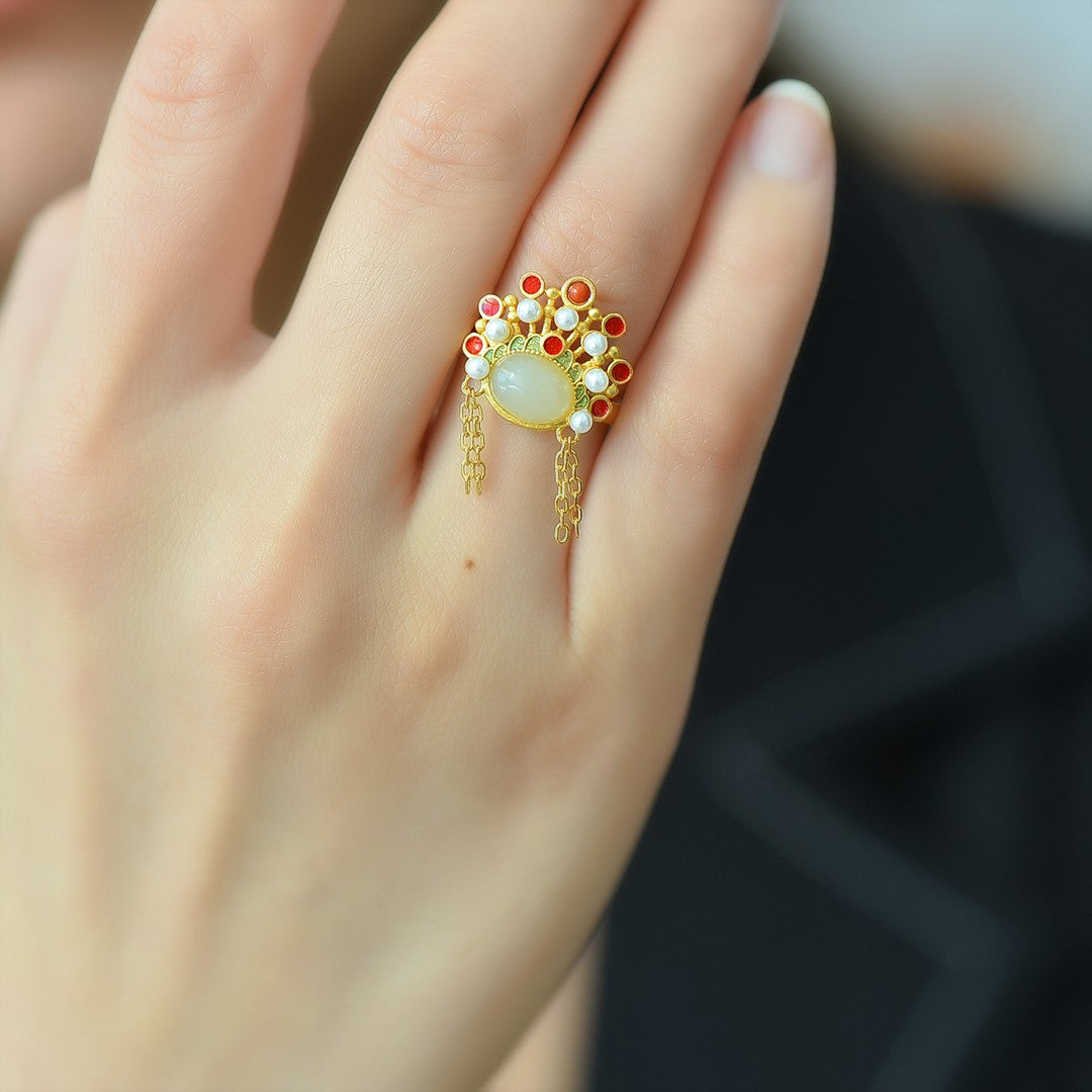 S925 Sterling Silver Nephrite Jade Phoenix Crown Ring - Elegant Style
