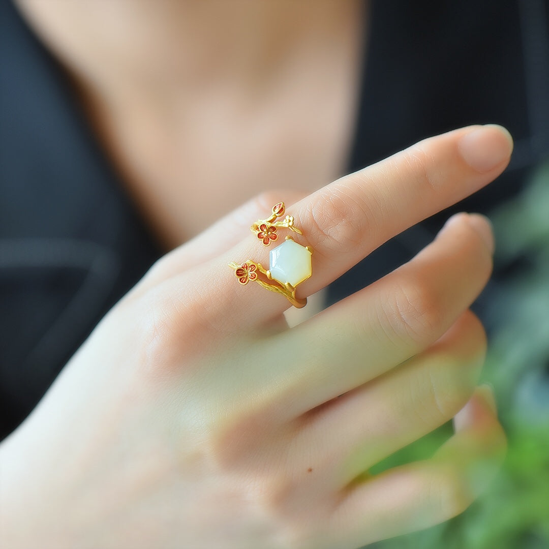 S925 Sterling Silver Ancient Method Enamel Nephrite Jade Plum Blossom Ring